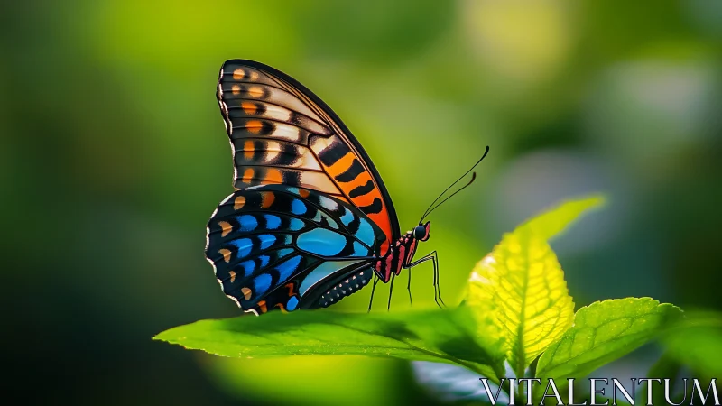 Brilliant butterfly pauses gently on a fresh green leaf