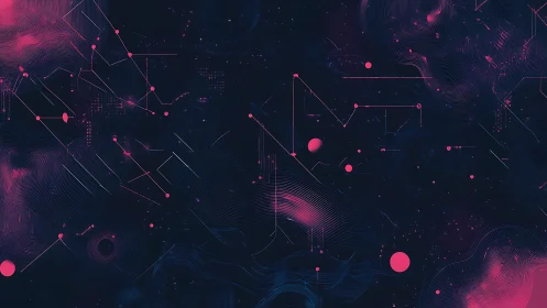 Neon vector field overlays geometric nodes on dark background