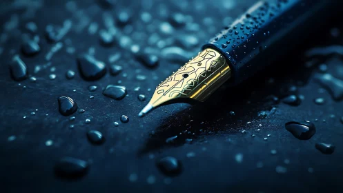 Closeup of wet gold fountain pen nib on dark surface.