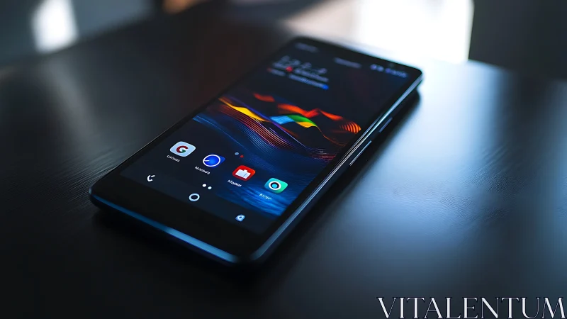 Smartphone Displaying Tech Interface on Desk