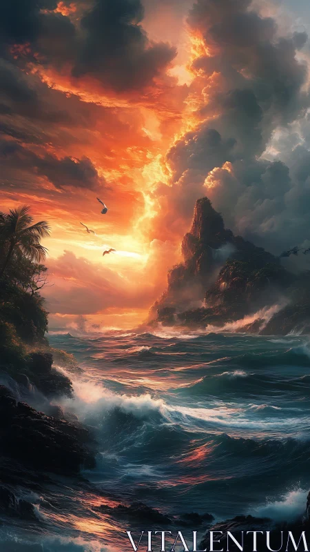 Volcanic Coastline Eruption: Dramatic Seascape with Golden Sky and Turbulent Waves.