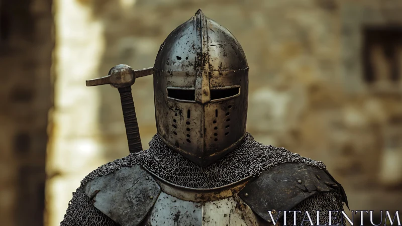 Medieval armored knight in helmet with sword outdoors.