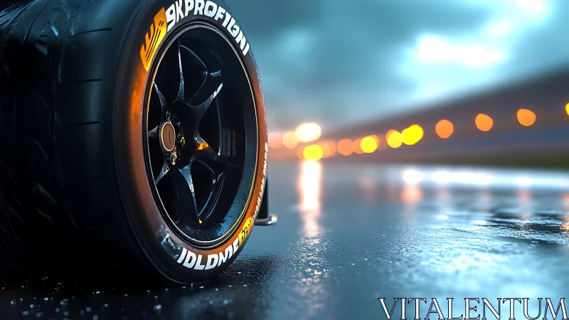 Racing slick tire on wet track with evening lights glow.