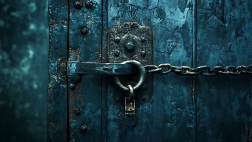 Rusted blue metal door with chain lock and padlock detail.
