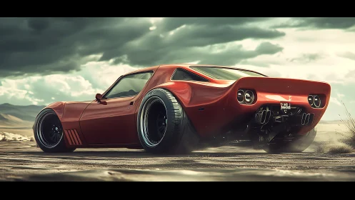 Widebody desert track car under storm-loaded atmospheric sky.