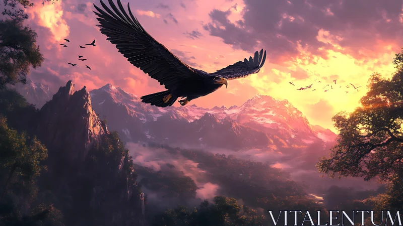 Majestic eagle soaring over misty mountains at sunset, digital art.
