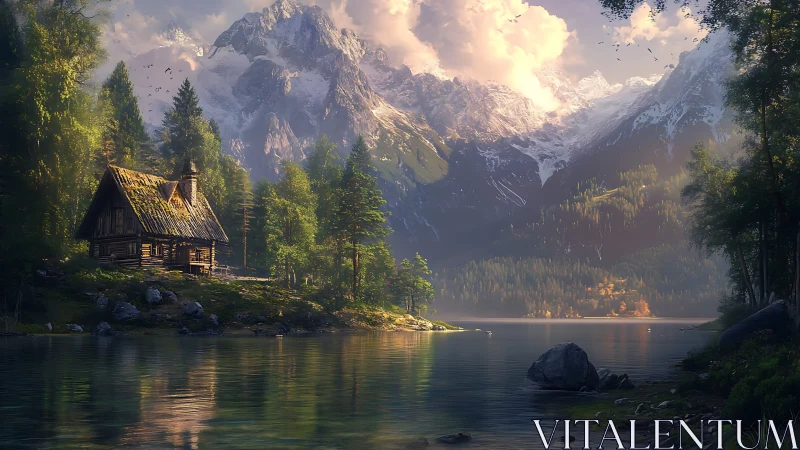 Mountain lake cabin under dawn light with forest edge.