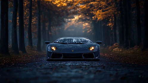 Midnight supercar paused beneath a glowing autumn canopy.