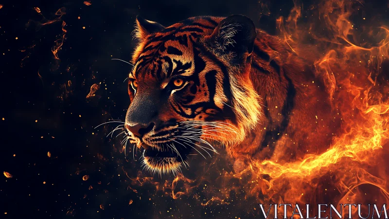 Thermally luminous tiger portrait in combustive flame field.
