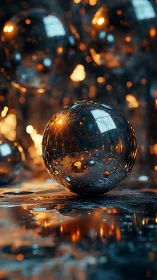 Glowing reflective sphere on wet surface in bokeh light.