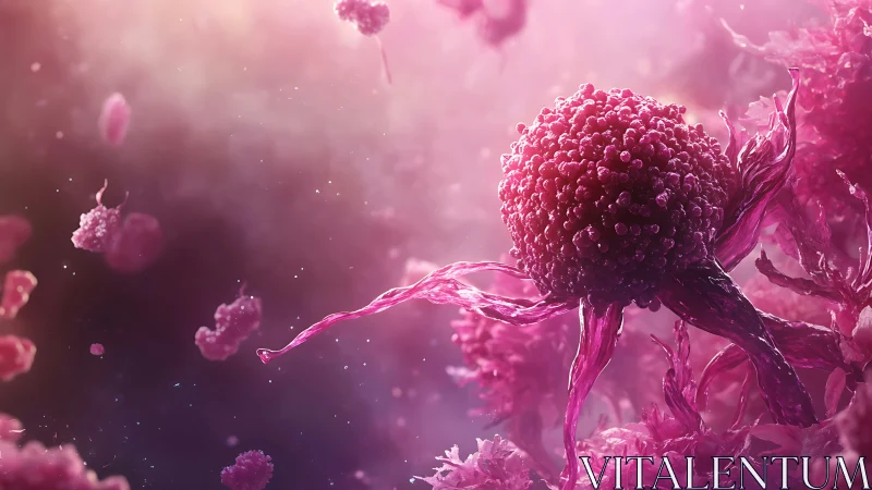 Microscopic pink cell cluster under ethereal volumetric light.