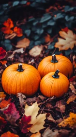 Triad of pumpkins among saturated autumn foliage.