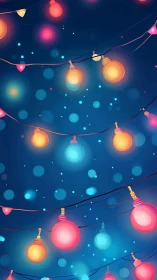 Vibrant hanging string lights glow against deep blue bokeh sky
