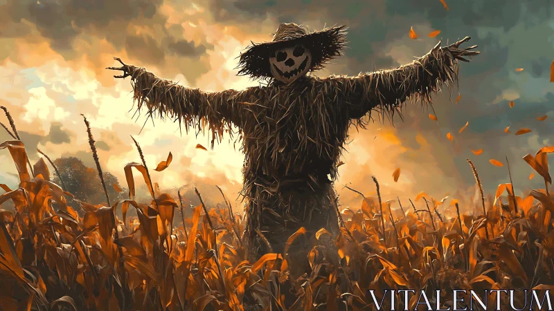 Straw scarecrow stands in cornfield under cloudy sunset sky