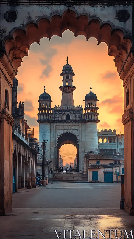Sunset framed Mughal gateway with ornate domed minarets.