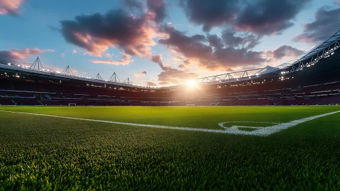 Sunlit soccer stadium glows over pristine green pitch.