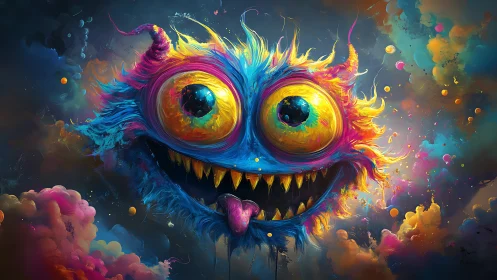 Colorful horned monster face in abstract cosmic clouds.