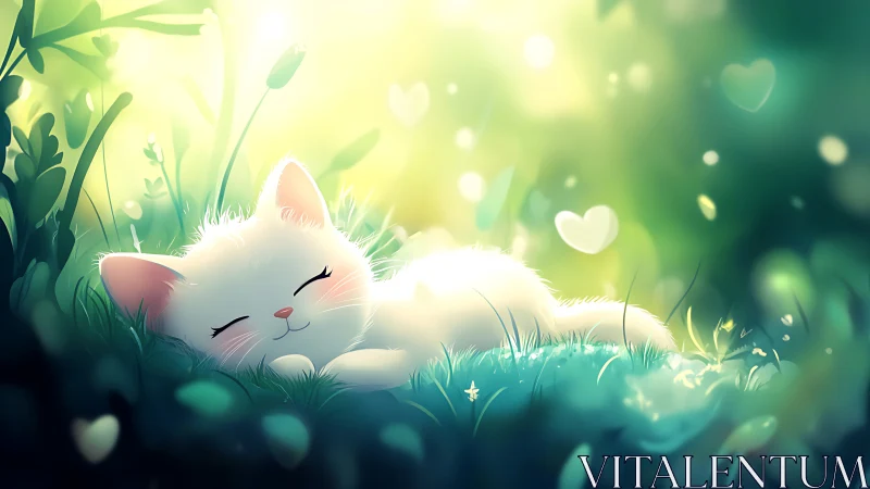 Serene White Cat Resting in Sunlit Garden with Bokeh Particles