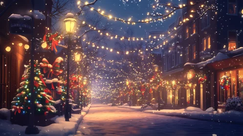 Snowy city street decorated with glowing Christmas lights.