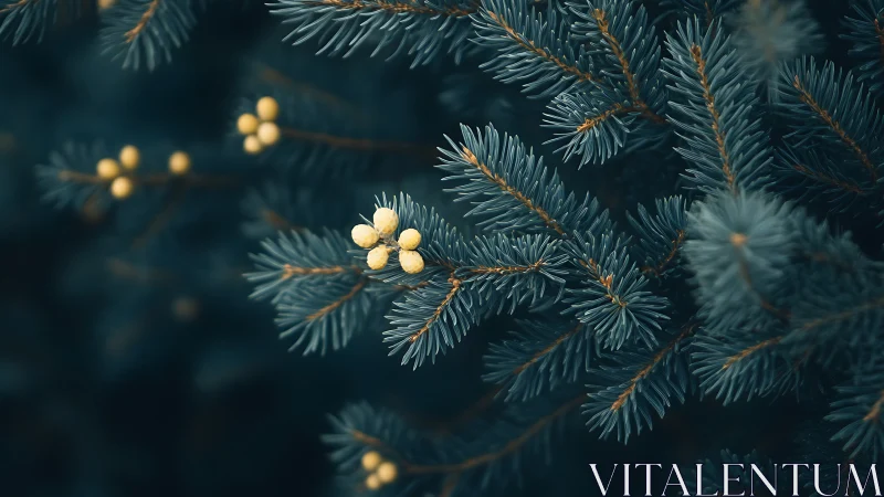 Macro study of conifer needles with nascent pollen cones.