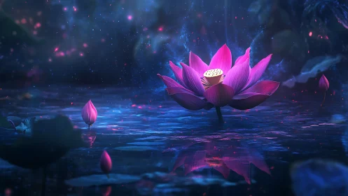 Enchanted violet lotus glowing over midnight water surface.