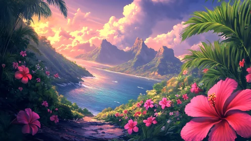 Tropical Paradise Vista: Digital Rendering of Mountainous Coastal Landscape with Vibrant Floral Fore