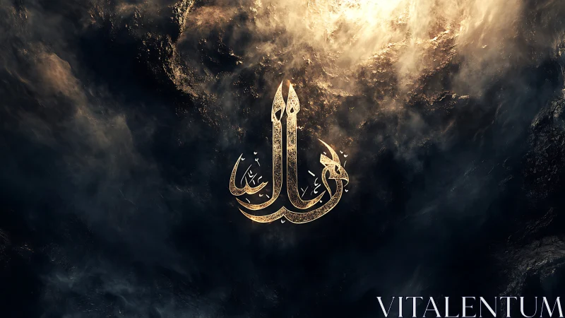 Golden Arabic calligraphy emblem over stormy dark clouds.