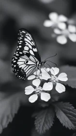 Monochrome butterfly macro on white blossoms in soft bokeh field.