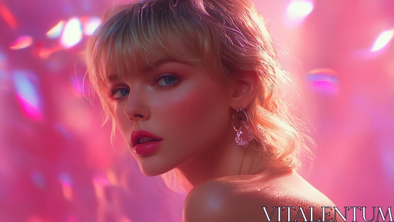 Digital portrait of blonde woman in pink diffused light.