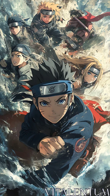 Dynamic ninja squad surges through stylized crashing water.