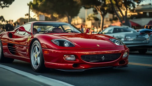 Red sports coupe parked on city street at sunset.