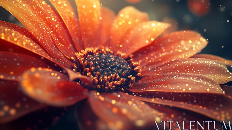 Close-up orange flower rendered with sparkling particle detail