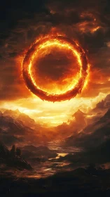 Luminous Ring Portal: Incandescent Circular Aperture Against Turbulent Inferno Sky