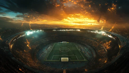 Sunset soccer stadium under dramatic glowing sky.