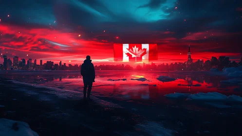 Solitary figure facing neon red Canadian skyline and flag