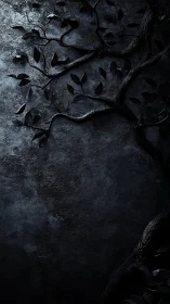 Quiet dark tree curling gently across textured stone wall.