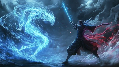 Digital painting duel of swordsman and elemental wraith in stormscape.