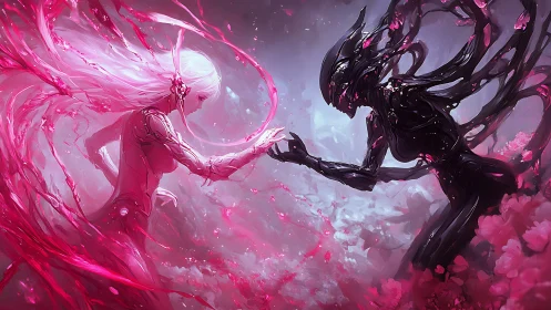 Cybernetic light and shadow figures meet in pink void.