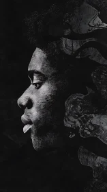 Whispered profile etched in darkness and drifting memory smoke.