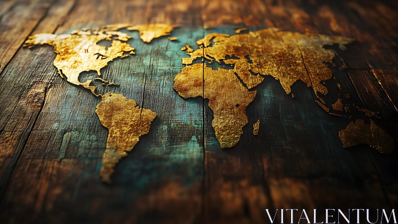 Golden world map glowing softly on rustic wooden boards.