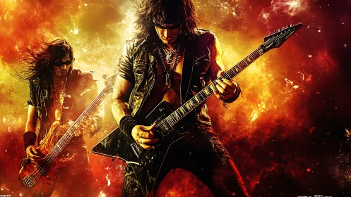 Hard rock guitarists playing on fiery explosive stage.