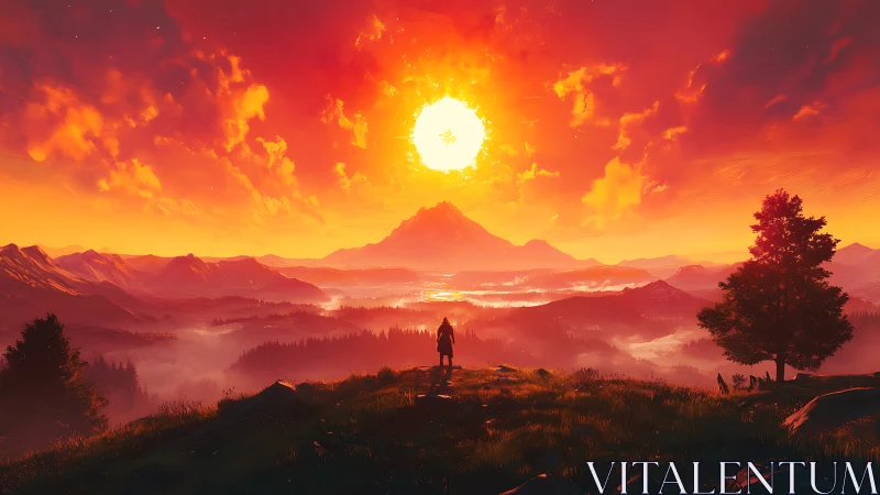 Lone traveler facing blazing sun over misty mountains.