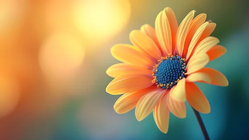 Golden Daisy with Blue Center Against Gradient Background.