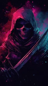 Hooded skeletal figure grips sword under neon split lighting
