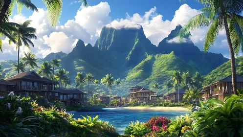 Tropical Coastal Settlement with Dramatic Basalt Peaks Overlooking Lagoon Environment