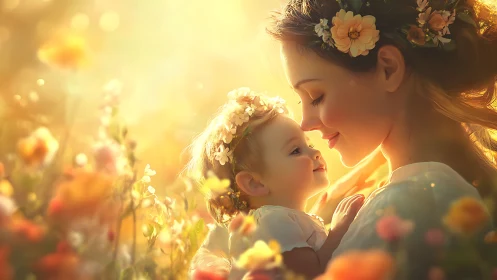 Woman and child positioned in flower field with golden backlighting