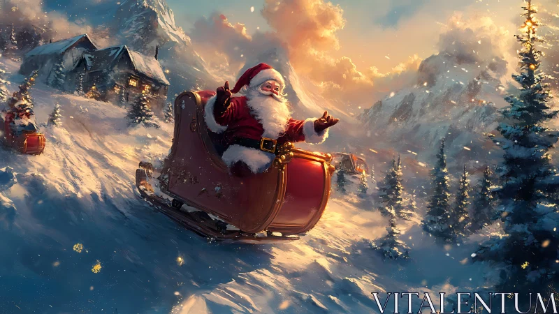 Santa in red sleigh descends sunlit alpine snow slope