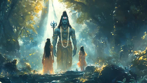 Blue-skinned deity walks through glowing forest with followers
