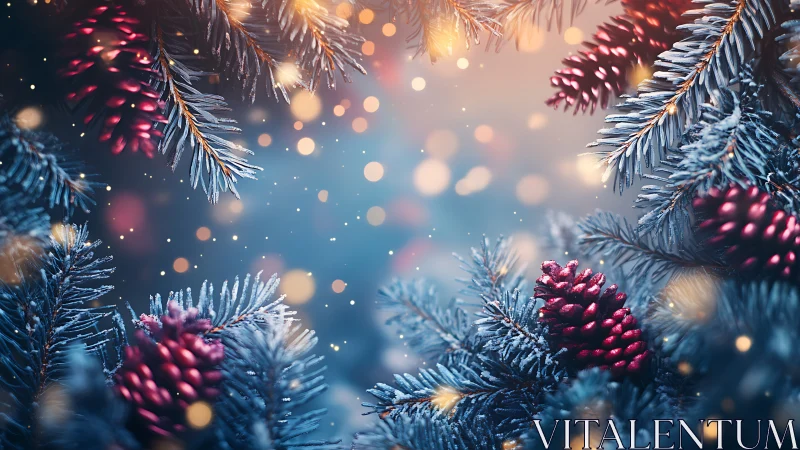 Frosted pine branches frame glowing winter bokeh lights.