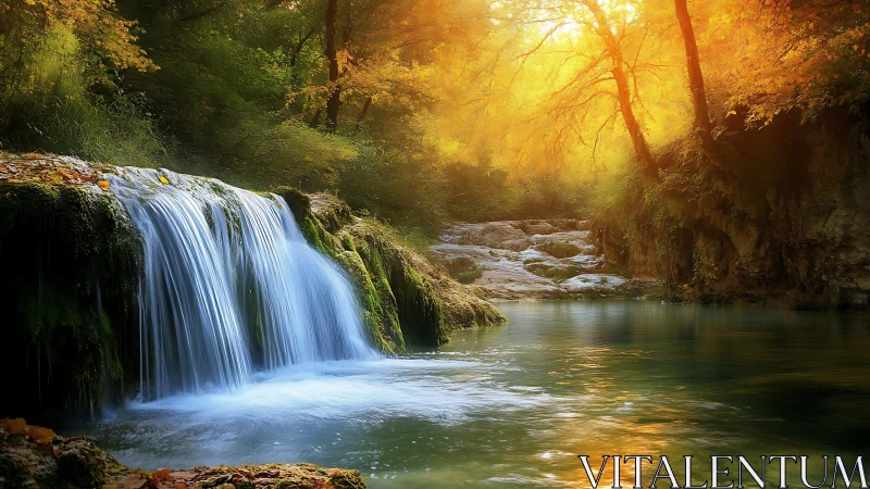 Silky forest waterfall in backlit autumn woodland pool